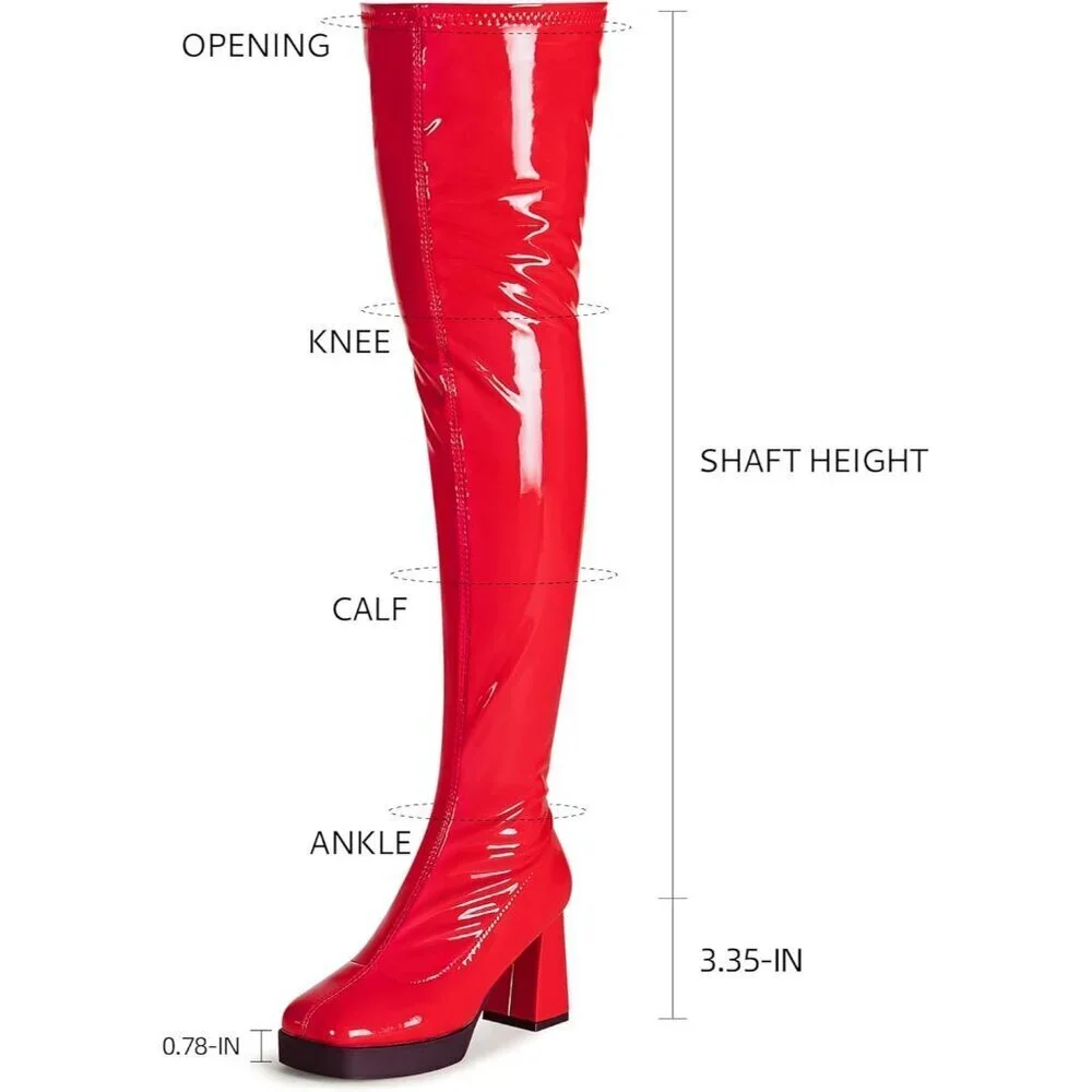 Women Red Square Toe Chunky Heels Patent Leather PU Over The Knee High Boots